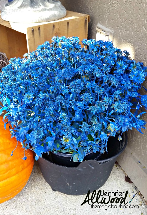 Spray Painted Mums add Christmas sparkle to the porch Magic Brush