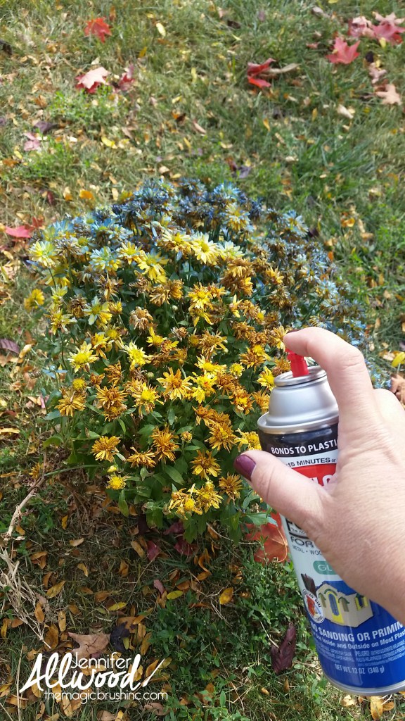 Spray Painted Mums add Christmas sparkle to the porch Magic Brush