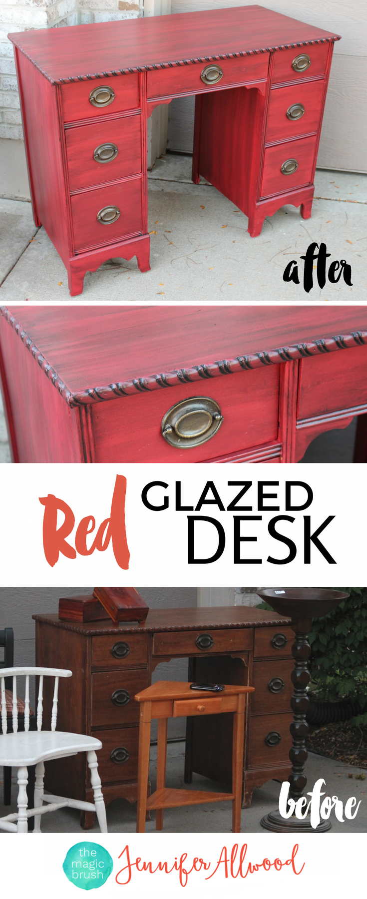 Red Glazed Desk Makeover by Jennifer Allwood | HOw to Paint Furnitiure | Red Painted Furniture Ideas | Red Bay Sherwin Williams | Glazed Furniture | Painted Desk Furniture Before and After
