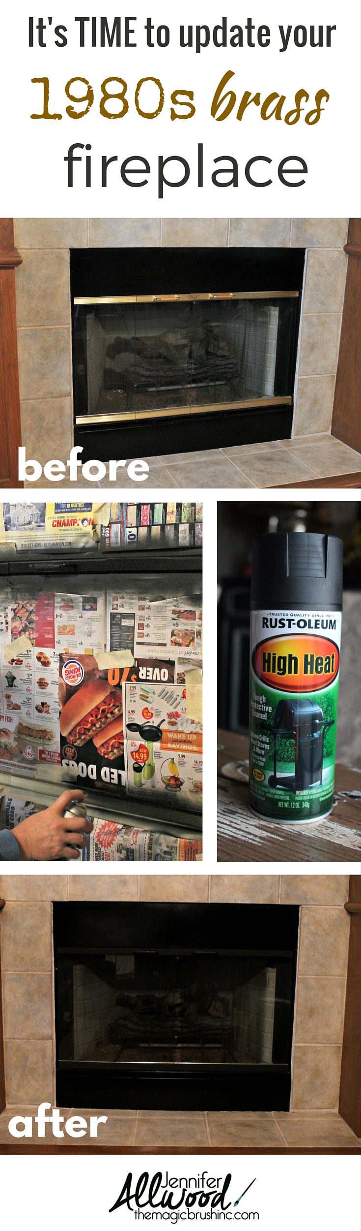 Fireplace brass trim can be painted to get an instant living room makeover!