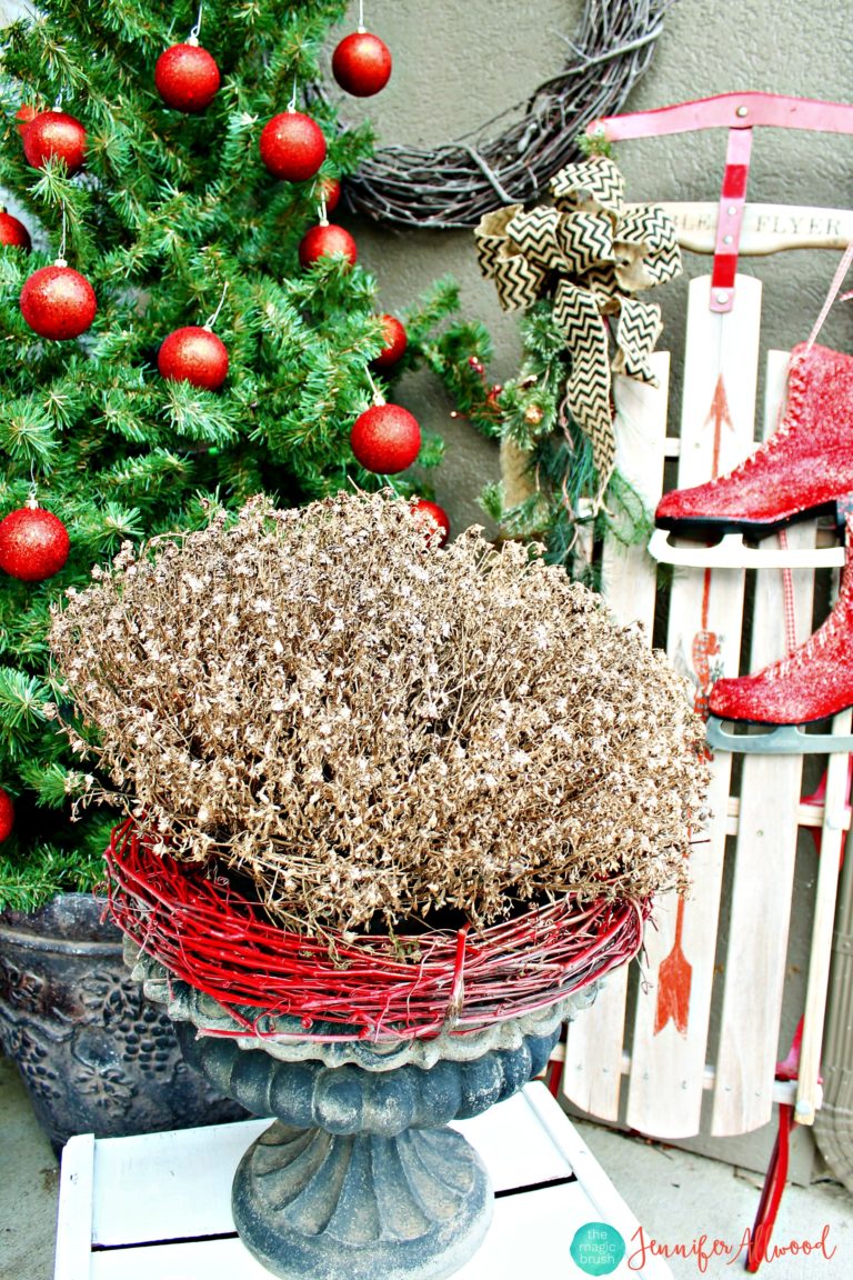 Spray Painted Mums add Christmas sparkle to the porch Magic Brush