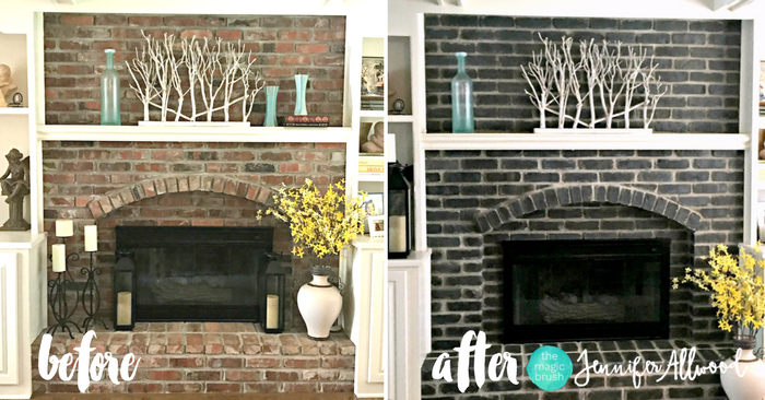 Black Painted Brick FIreplace Jennifer Allwood Before and AFter