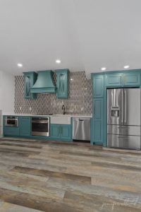 Bright Blue Kitchen Cabinets in Basement Remodel