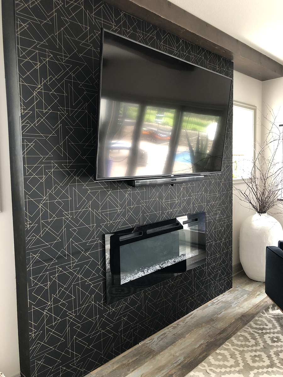 Our Black Wallpaper Wall with a Fireplace Insert! - Jennifer Allwood Home