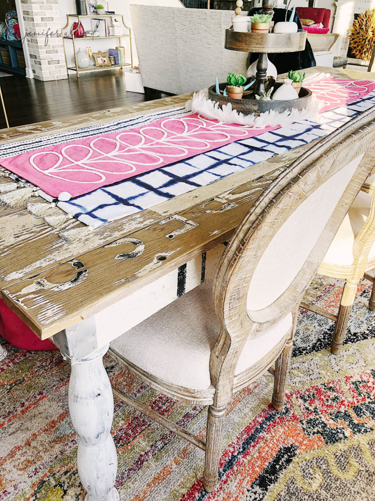 Pink and blue patterned table runner 